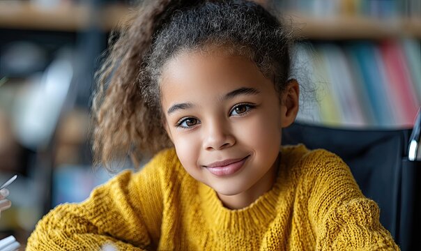 a cute little girl in an electric wheelchair is smiling and reading books at the library - Powered by Adobe