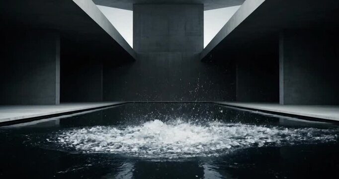 Dynamic splash in minimalist architectural pool interior, reflecting dim skylight glow within a quiet concrete room &ndash; contemplative photo view
