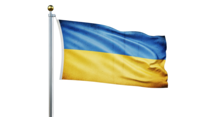 Isolated Ukraine national flag waving against the sky, national symbol of Ukraine