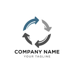 Circular logo design featuring four curved arrows pointing clockwise, suggesting movement, rotation, or a cyclical process.