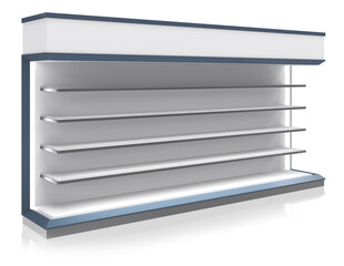 Retail gondola display rack with light blue edges and topper. 3d illustration on white background