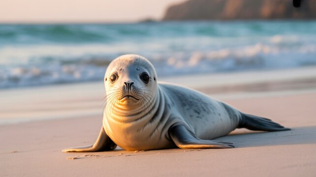Seal resting on sandy beach near ocean waves in natural coastal wildlife habitat