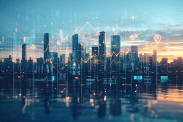 A modern city skyline reflecting in water, overlaid with digital data visualization graphics