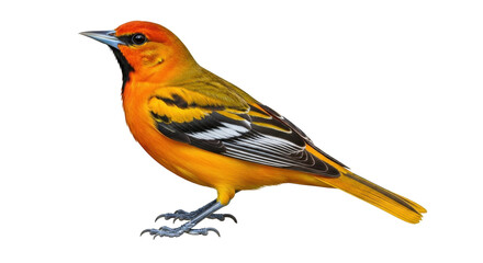 Isolated Baltimore Oriole, a vibrant songbird with yellow and black plumage, stands in sunshine