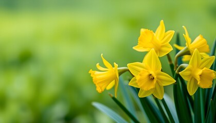 A photo of vibrant yellow daffodils clustered right, their trumpet-shaped blooms facing forward, against a soft-focus green background, bathed in gentle, natural light, evoking springtime joy.