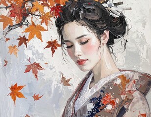 Reference Image　美しい着物の女性と日本の秋の風景