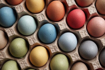 Obraz premium Colorful, dyed eggs in a cardboard egg carton, perfect for Easter or spring