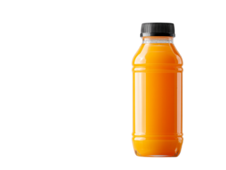 Bright orange beverage bottle filled with refreshing citrus drink on a clean background