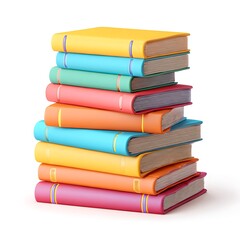 A tall stack of colorful hardcover books arranged neatly isolated on white background