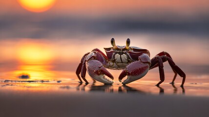 Fototapeta premium Crab standing on wet sand at seashore during sunset in wildlife nature scene 