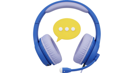 Isolated blue headphones with boom mic and yellow chat bubble ideal for online communication