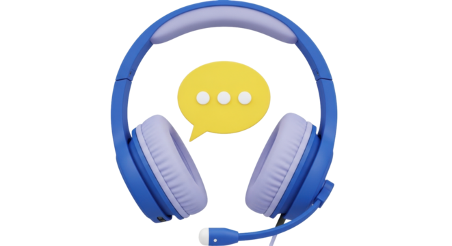 Isolated blue headphones with boom mic and yellow chat bubble ideal for online communication