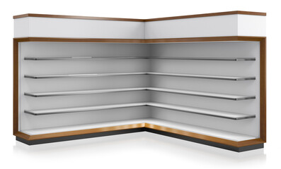 Freestanding retail display unit. White gondola shelving with wood-grain edges and topper. 3d illustration transparent background