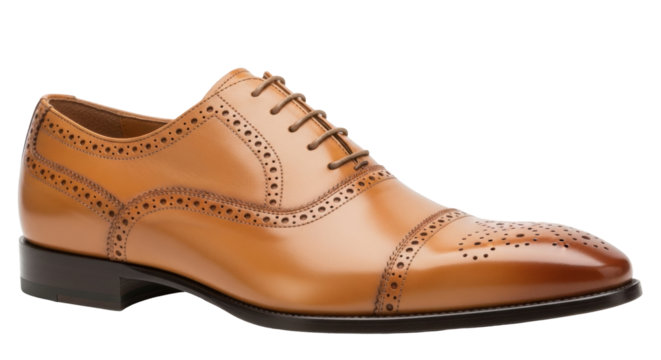Isolated dress shoe, brown leather oxford footwear with perforated details for men's fashion