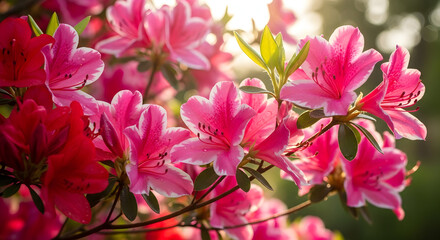 Obraz premium Pink and red azalea blossoms illuminated by sunlight