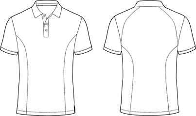 Technical flat sketch polo shirt, short sleeve apparel design, fashion garment template, front and back view, clothing illustration, vector drawing, unisex wear