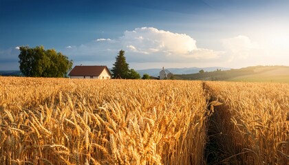the image shows a field of ripe wheat with a house in the background