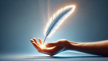 Hand holding a glowing feather, symbolizing creativity, inspiration, and writing