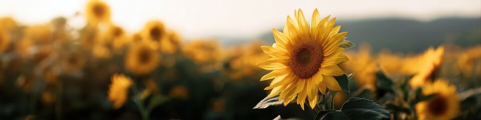 Obraz premium Golden sunflower field in full bloom with mountains in the background