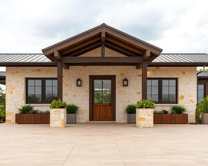 Obraz premium Farmhouse wine bar with stone and wood exterior, decorative planters, and pergola roof