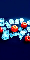 Red apples surrounded by ice cubes create a refreshing and visually striking composition on a dark background - High Contrast
