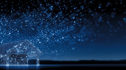 House composed of glowing blue particles under night sky image with digital overlay. Smart home innovation network photography conceptual. Internet of things concept photo realistic