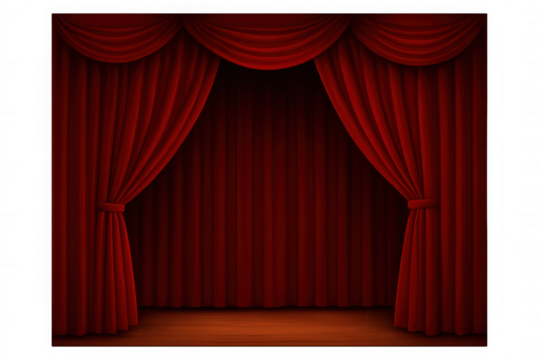 Red velvet theater stage curtains pulling back, revealing a dark interior and wooden floor. Transparent background