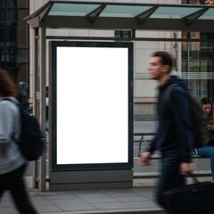 Blank Billboard at Bus Stop with Blurred Pedestrians in Urban Setting.