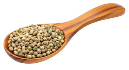 Isolated, full wooden spoon of nutrient-dense raw hemp seeds, healthy culinary ingredient