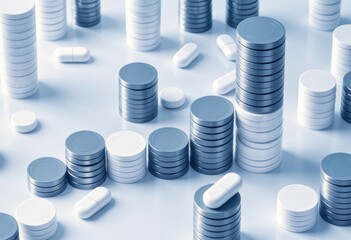 Stacked coins and pills arranged in abstract financial health concept