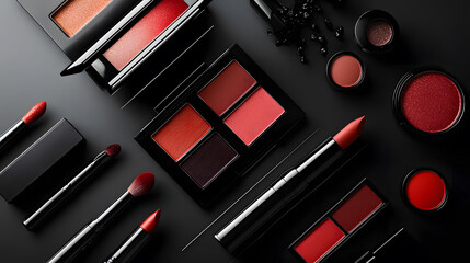 Red Makeup Products Arranged on Black Surface cosmetics