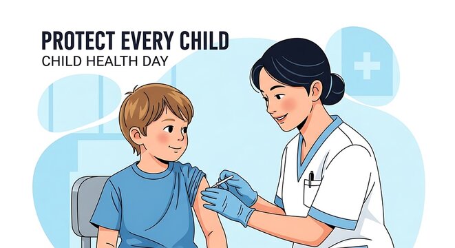 Caring nurse giving child vaccine for health and wellness, promoting child health day awareness with vaccination support, a symbol of protection and care - Powered by Adobe