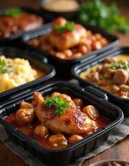 Fototapeta premium Assorted home-cooked meals in black takeout containers. Roasted chicken leg, vegetables, mashed potatoes, stewed beans, various hearty dishes. Healthy food prep, dinner delivery, catering service.