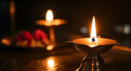 Burning lamp illuminates darkness creating a warm glow.