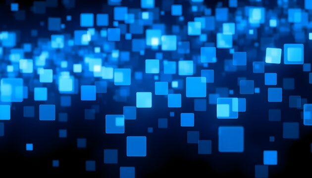 Abstract background of blue squares floating in a dark space, glowing and blurred.