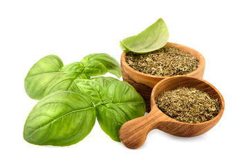 Fresh Basil leaves with dry basil in wooden spoon in closeup on white background
