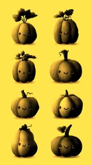 Various cheerful pumpkins in different shapes and sizes with smiling faces set against a simple background in autumn season