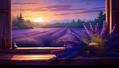 window sill lavender dusk scene