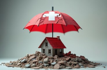 Small house sits on rubble protected by cracked red umbrella with Swiss cross. Concept of protection and insurance in times of disaster or crisis.