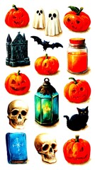 Festive Halloween decorations featuring pumpkins, ghosts, and spooky elements in vibrant colors - High Contrast