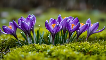 A cluster of vibrant purple crocuses blooming in lush green moss after a gentle rain.