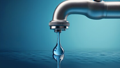 single drop of water coming out of water tap on blue background ki generiert generiert ai generated