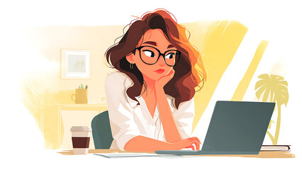 Vibrant Illustration: Pensive Woman in Glasses Working on Laptop at Sunny Desk