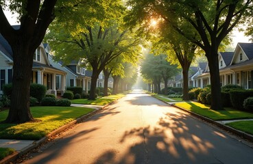 Quiet suburban street with charming houses and lush green trees. Residential neighborhood with well-manicured lawns and sidewalks. Warm sunlight casts shadows on the road on a sunny day.