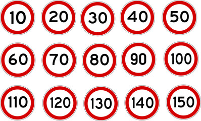 Traffic signs speed limit from 10 to 150 kilometers per hour