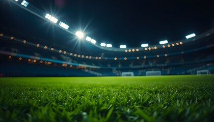 Low-angle shot of a vibrant green soccer field in a stadium at night with bright lights.