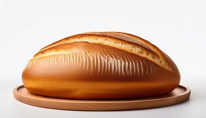 a golden brown bread on a wooden plate with white background