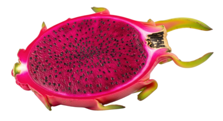 Isolated, red dragon fruit half with black seeds, exotic and tropical pitahaya fruit