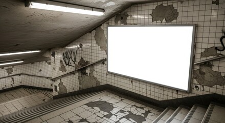 Blank Billboard in Grungy Subway Stairwell Urban Decay Advertising Space.