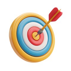 A bright red and yellow dart has perfectly hit the bullseye of a colorful target isolated on white background